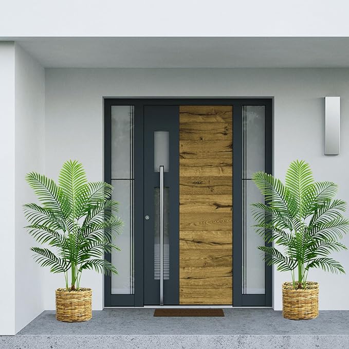 2PCS Artificial Palm Tree 4FT Artificia Plants Indoor Fake Trees Tropical Fake Plam Tree Floor Plant in Black Pot with 13 Trunks & Real Bark Design Faux Palm Plant for Outdoor Home Room Decor