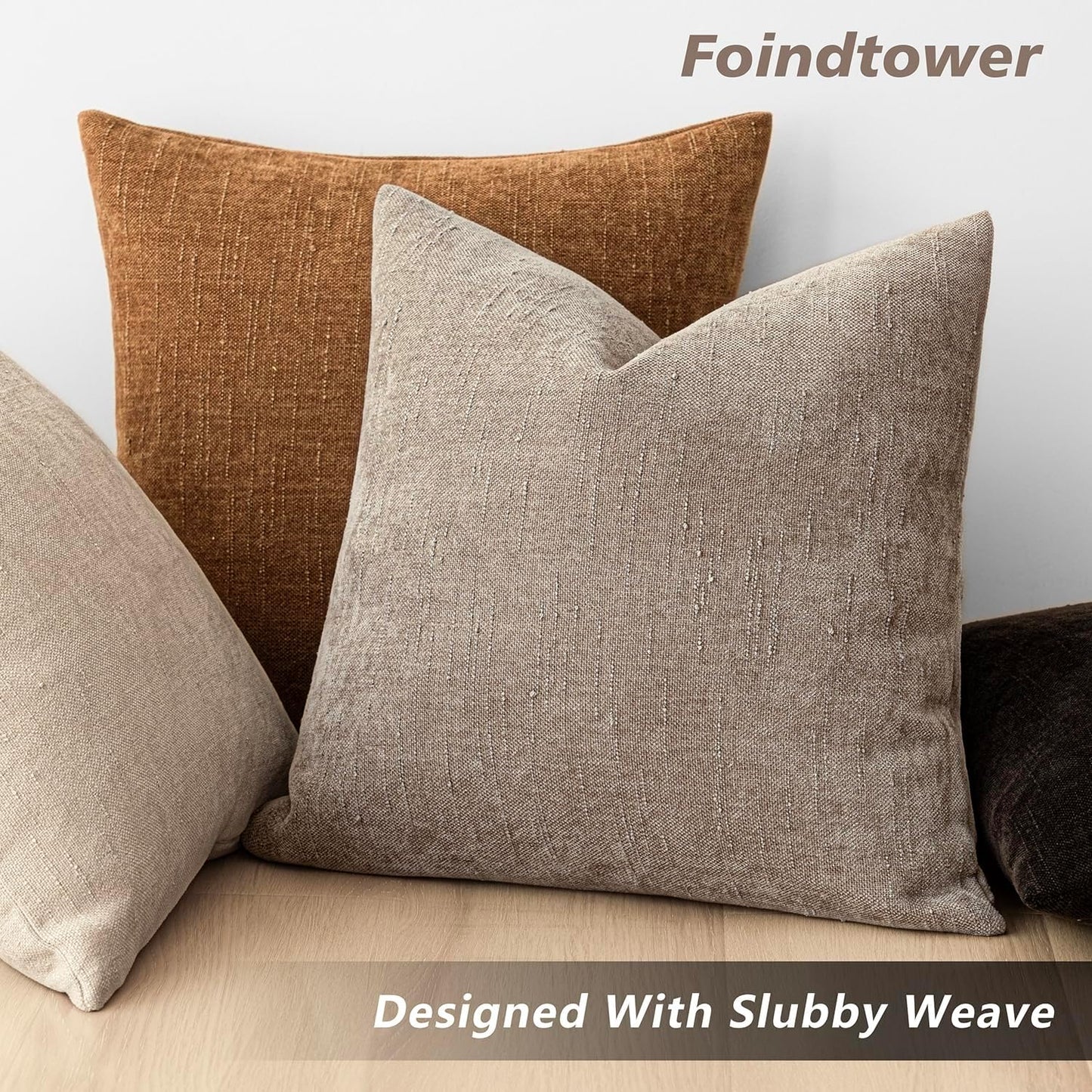 Foindtower Set of 2 Soft Textured Chenille Throw Decorative Pillow Covers Square Accent Solid Cushion Cover Cozy Neutral Farmhouse Pillow Case for Couch Sofa Bedroom Living Room 26x26 Inch,Light Taupe