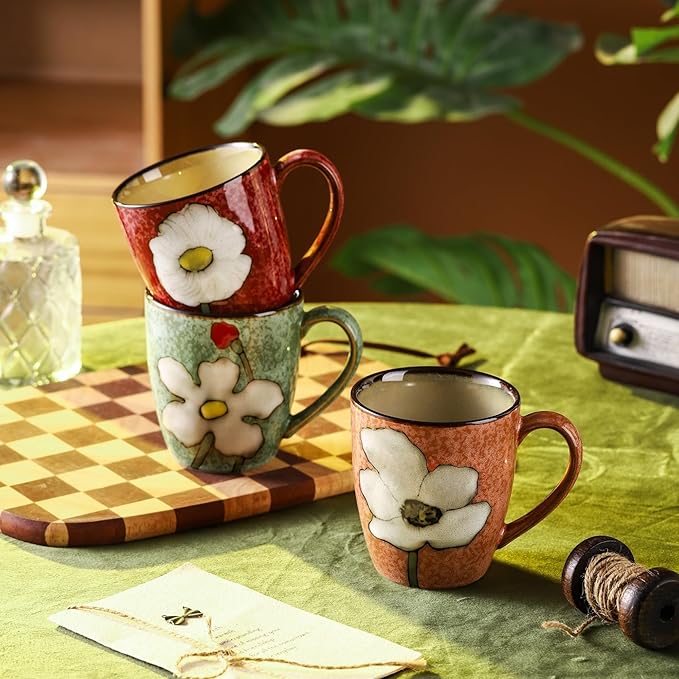 12oz/350ml Ceramic Coffee Mug with Handle,Hand Painted Vintage Floral Cappuccino Cups, Suitable for Tea Cups,Colorful Stoneware Coffee Mugs and Drinking Cup,Ideal Gifts for Women and Men-Pink