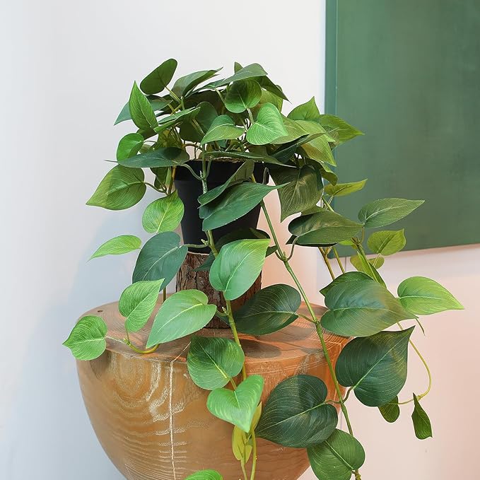 Fake Pothos Hanging Plants – 33" Set of 2 Faux Ivy Vines with Pots, Realistic Silk Devil’s Ivy for Indoor Décor, Low Maintenance Artificial Greenery for Home or Office (Green)