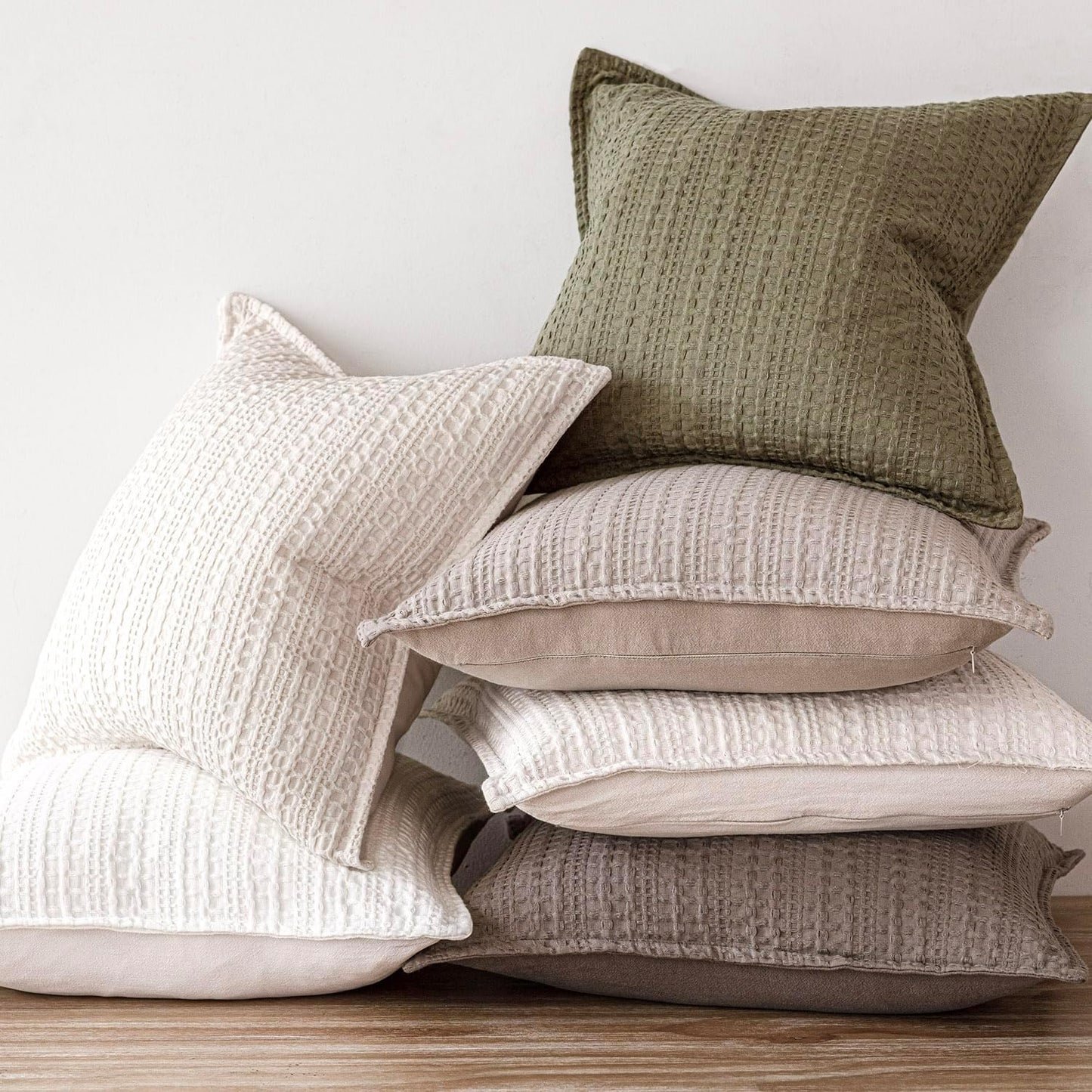 Foindtower Set of 2 Decorative Cotton Waffle Weave Throw Pillow Covers Euro Shams Cushion Covers Accent European Pillowcase for Bed Couch Sofa Bedroom Living Room Home Decor 18×18 Inch Cream White