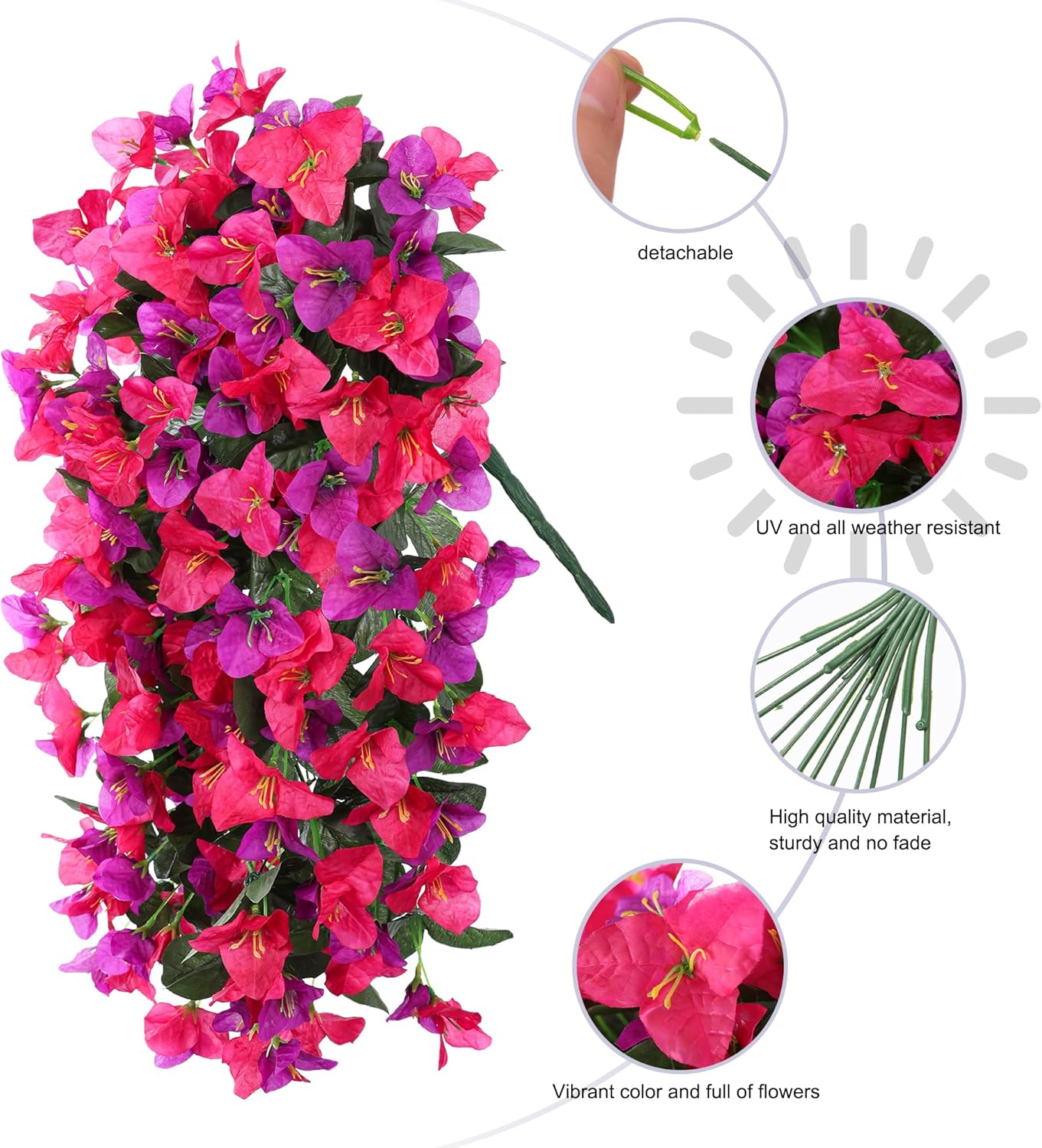 HyeFlora Bougainvillea Artificial Hanging Flowers Plants for Outdoors Decoration, 2pcs Fake Flowers Silk Bougainvillea Vines Realistic UV Resistant Faux Flowers for Outdoor Planters Porch Patio, Mix