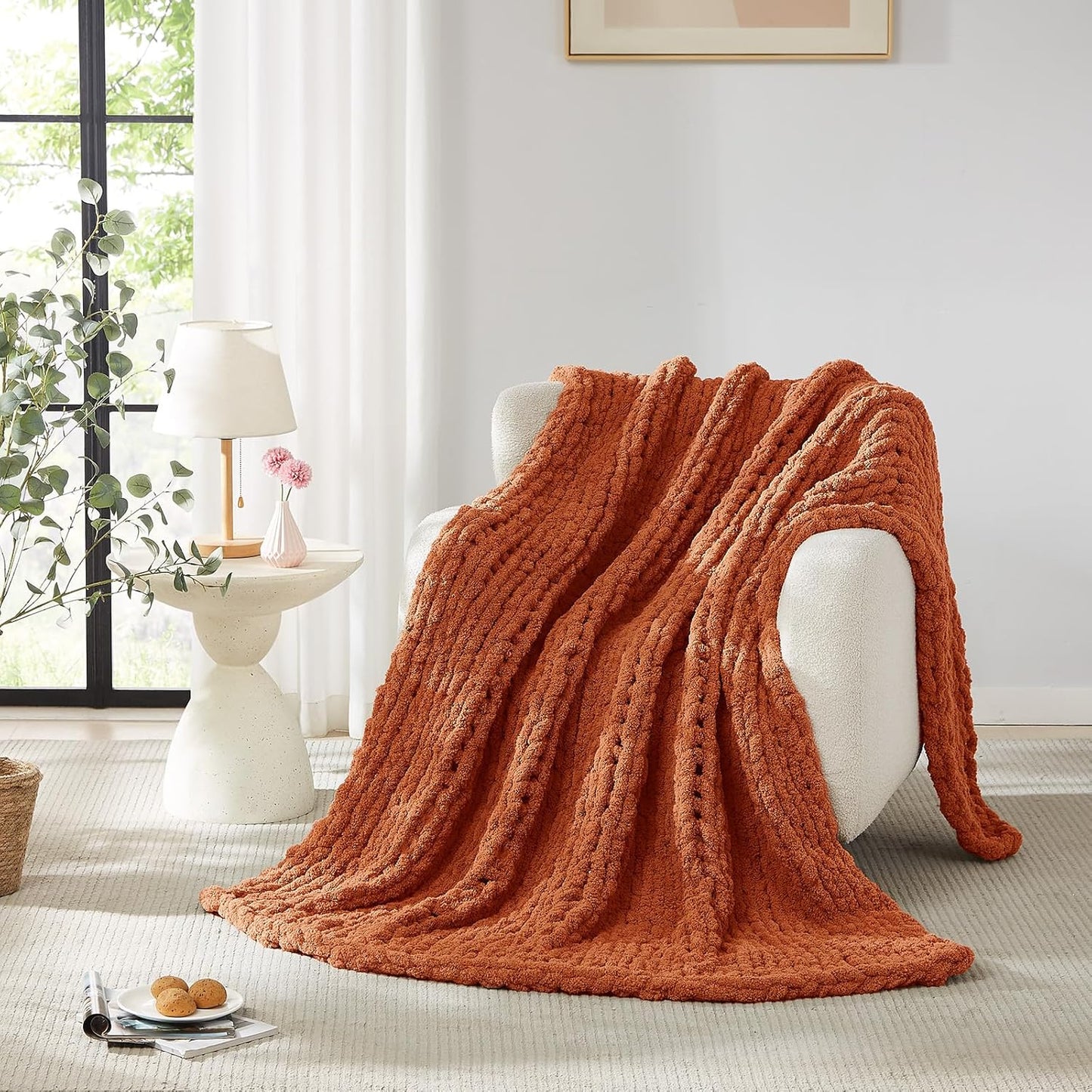 L'AGRATY Chunky Knit Blanket Throw: 72''x84'' Chenille Chunky Knitted Throw Blankets for Bed Couch - Handmade Thick Big Cable Knit Blanket - Large Crochet Rope Blankets for Home Decor(Rusty Orange)