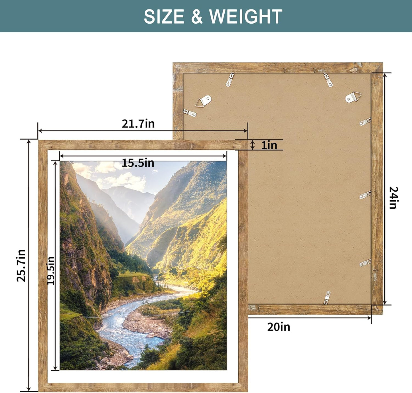 iRahmen 20x24 Picture Frame Set of 2 with Plexiglass, Wood Brown Rustic Poster Frame for Wall Mounting Display 16x20 Picture with Mat or 20 x 24 Without Mat