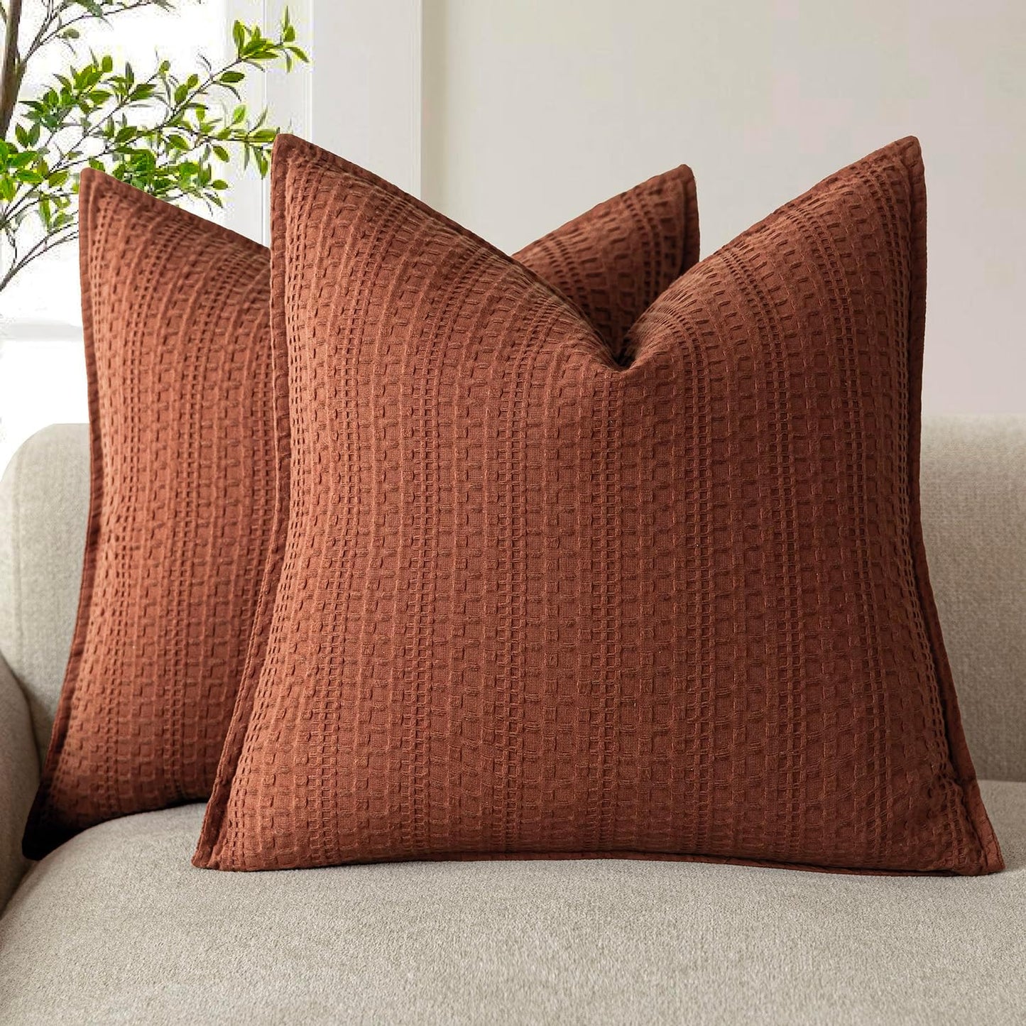 Foindtower Set of 2 Decorative Cotton Waffle Weave Throw Pillow Cover Euro Shams Cushion Covers Accent European Pillowcase For Bed Couch Sofa Bedroom Living Room Home Decor 20×20 Inch Fall Rust Orange
