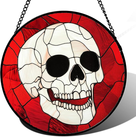 Stained Glass Window Hanging - Halloween Decoration White Skeleton Skull Suncatcher for Door Garden Spooky Red Sun Catchers Gothic Decor Horror Gifts for Women Men Friend Boy Girl 15 in