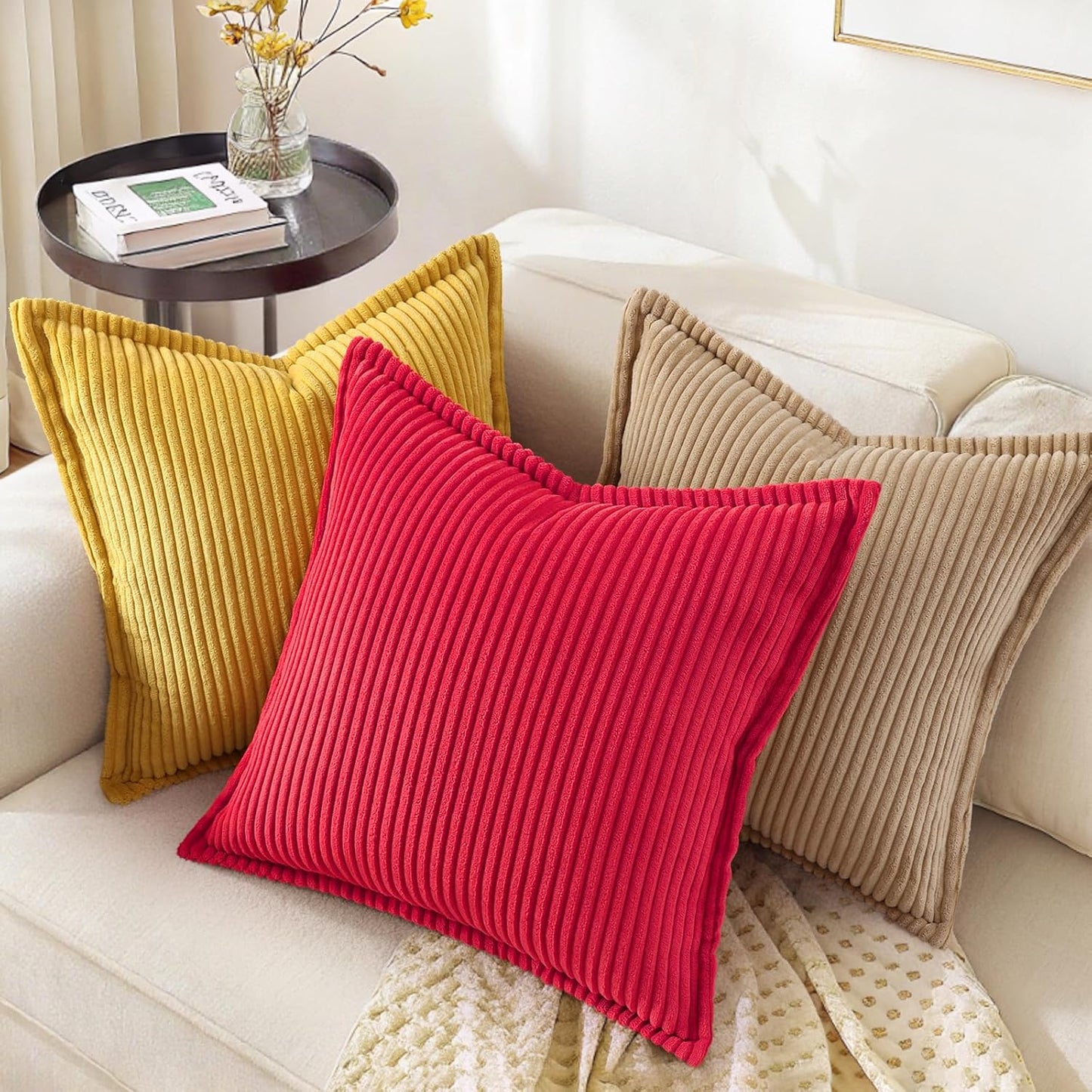 decorUhome Christmas Corduroy Red Throw Pillow Covers 22x22 Set of 2 Decorative Soft Boho Farmhouse Euro Couch Pillow Covers for Living Room Bed Sofa Broadside Striped Pillow Cases