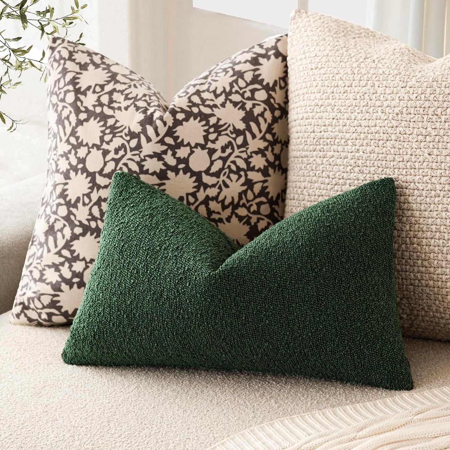 Foindtower Decorative Textured Boucle Throw Pillow Covers Accent Solid Lumbar Pillow Cases Neutral Cozy Couch Cushion Case for Chair Sofa Bedroom Living Room Home Decor 12x20 Inch,1PC,Pine Green