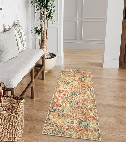 Lahome Moroccan Trellis Hallway Rug, 2x5 Washable Runner Rug Non Slip Kitchen Runners for Hallways, Ultra-Thin Vintage Carpet for Bedroom Bathroom Entryway, Red/Orange