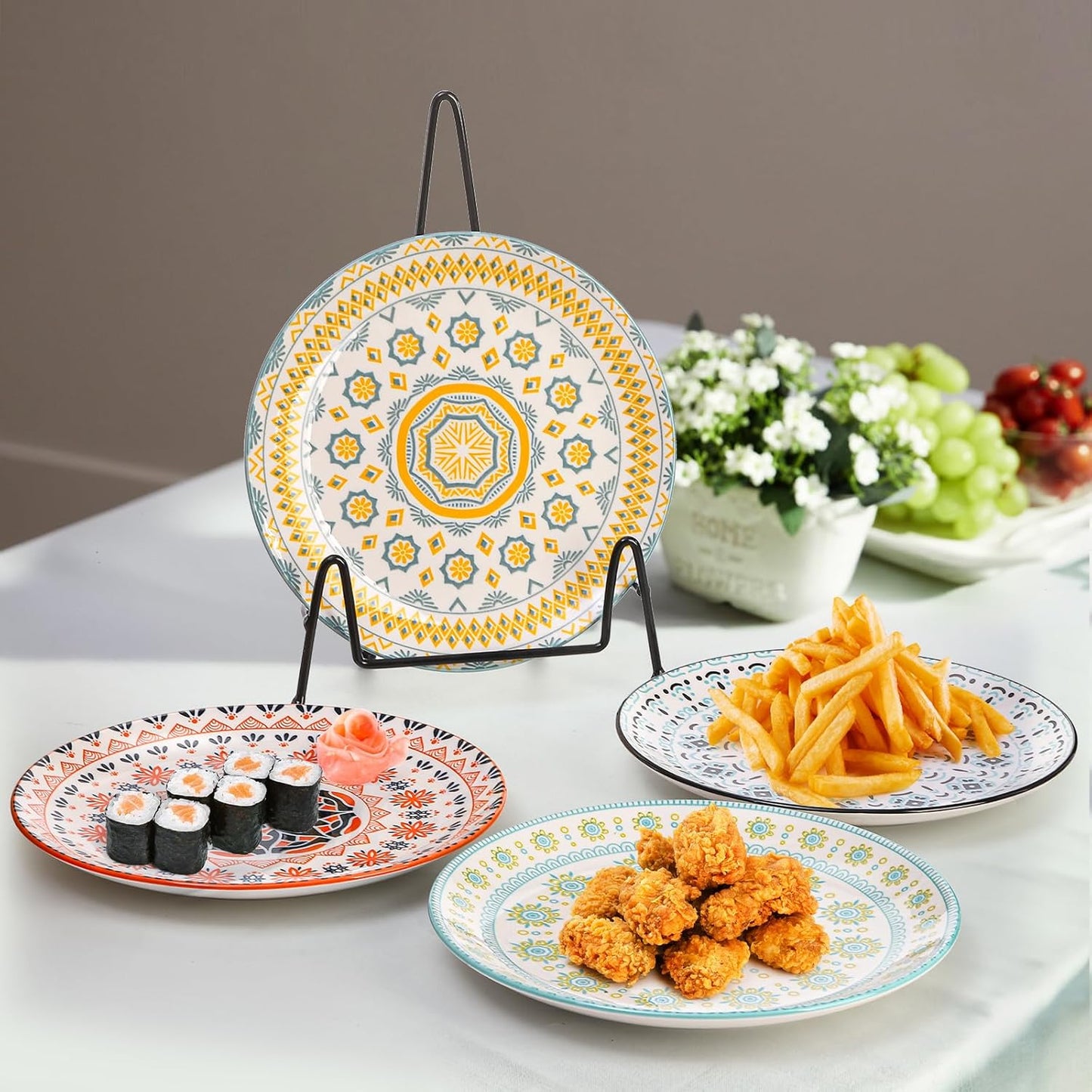 Foraineam 8 Pieces 8 Inch Round Porcelain Salad Plates, Decorative Appetizer Plates Dessert Dishes, Colorful Floral Serving Dishes for Luncheon, Steak, Fruit, Snack, Microwave and Dishwasher Safe