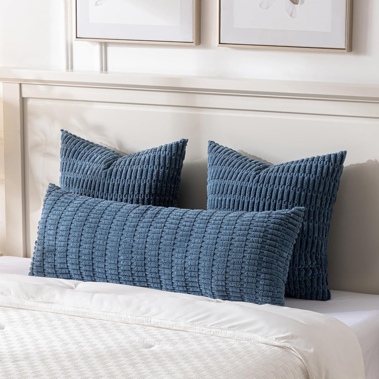 Fancy Homi Dusty Blue Long Body Lumbar Decorative Throw Pillow Covers 14x36 Inch for Bed Couch Bedroom Bench, Soft Corduroy Rectangle Solid Pillow Case, Rustic Farmhouse Boho Room Decor