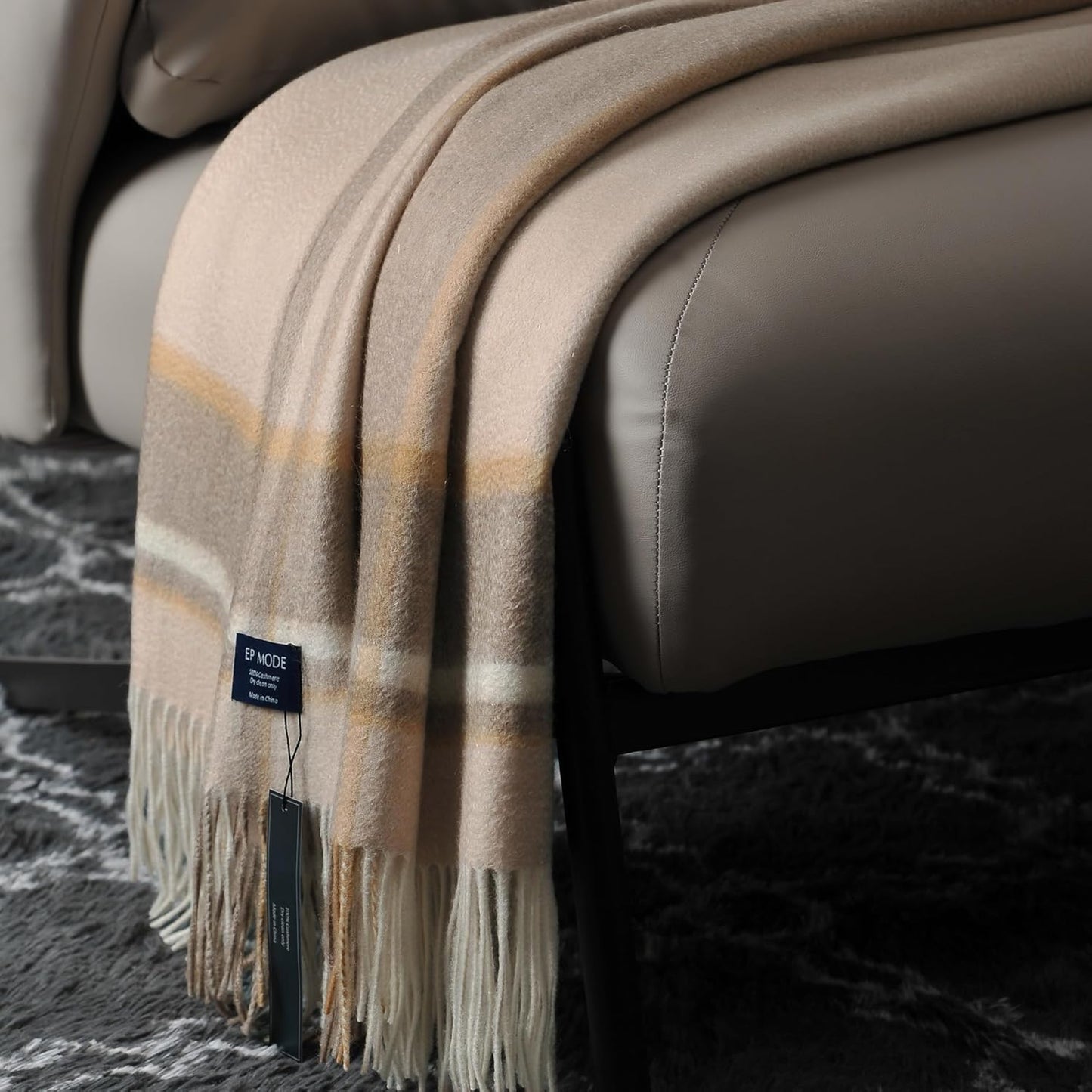 EP Mode 100% Pure Cashmere Throw Blanket for Sofa, Classic Design with Gift Box (Beige Border)