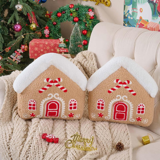 Lanpn Christmas Gingerbread House Pillows Set of 2, Christmas Decoration Winter Throw Pillows Soft 3D Shaped Ginger Bread House Throw Cushion for Sofa Bedroom Xmas Decor (12.8x13.4 inch)