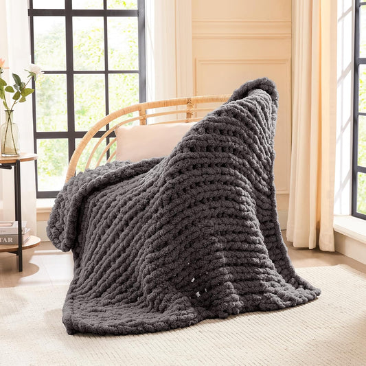 L'AGRATY Chunky Knit Blanket Throw - Soft Throw Blanket 40x50: 100% Hand Kintted Chenile Crochet Throw Blanket for Couch - Large Cable Knit Blanket for Home Decor (Dark Grey)