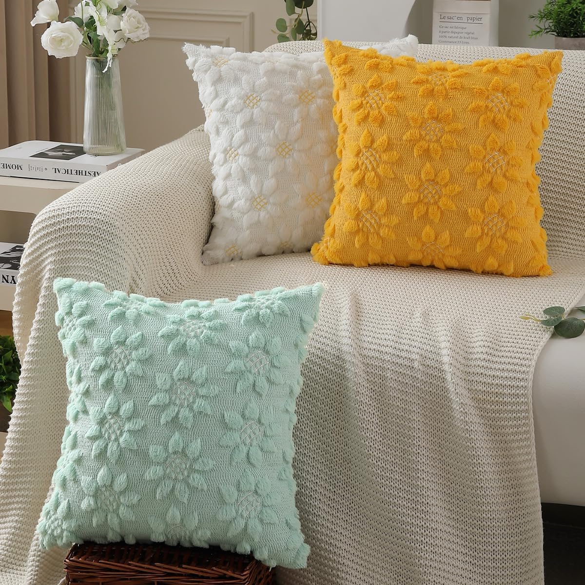 DFXSZ Spring Summer Pillow Covers 16x16 inch Set of 2 Farmhouse Decor White Flower Heart Sunflower Green Soft Plush Faux Fur Jacquard Throw Pillows for Sofa Holiday Spring Home Decor PTK024F16