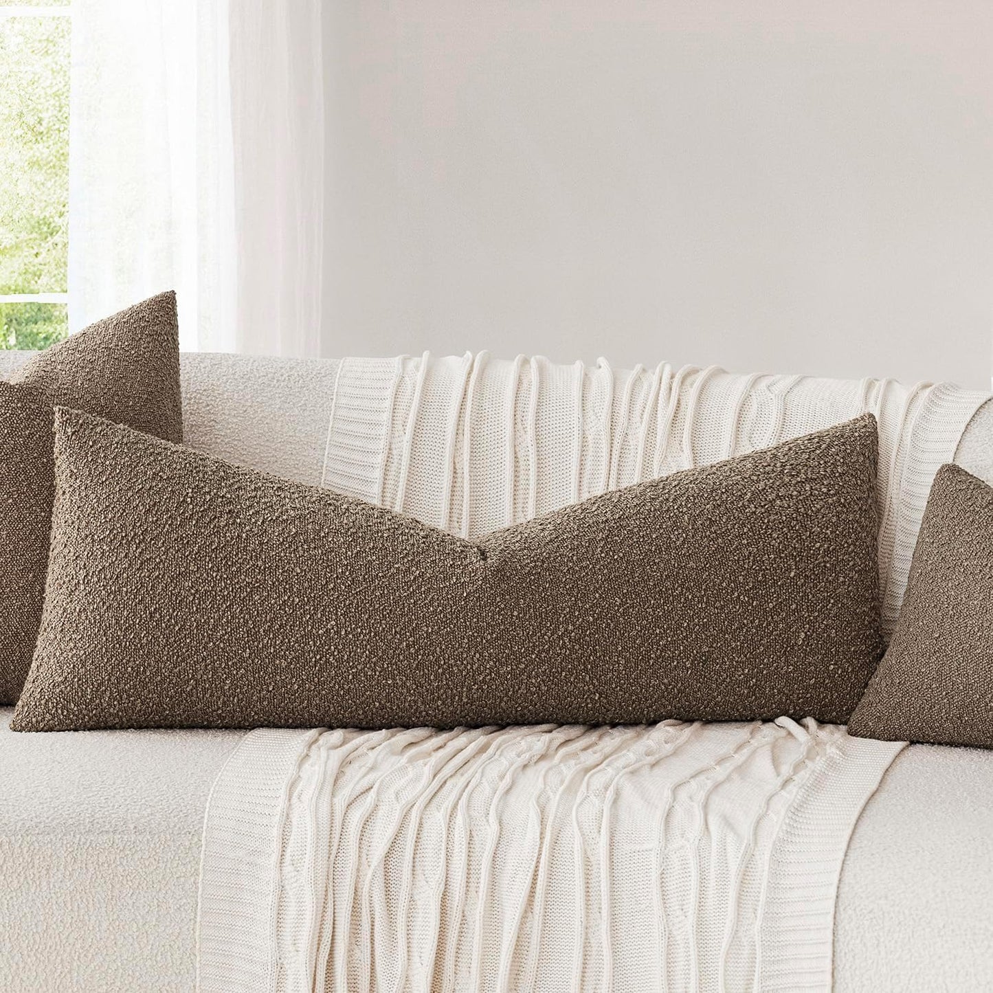 Foindtower Decorative Textured Boucle Throw Pillow Covers Accent Solid Pillow Cases Neutral Long Body Lumbar Couch Cushion Case for Chair Sofa Bedroom Living Room Home Decor 14x36 Inch,1PC,Light Brown