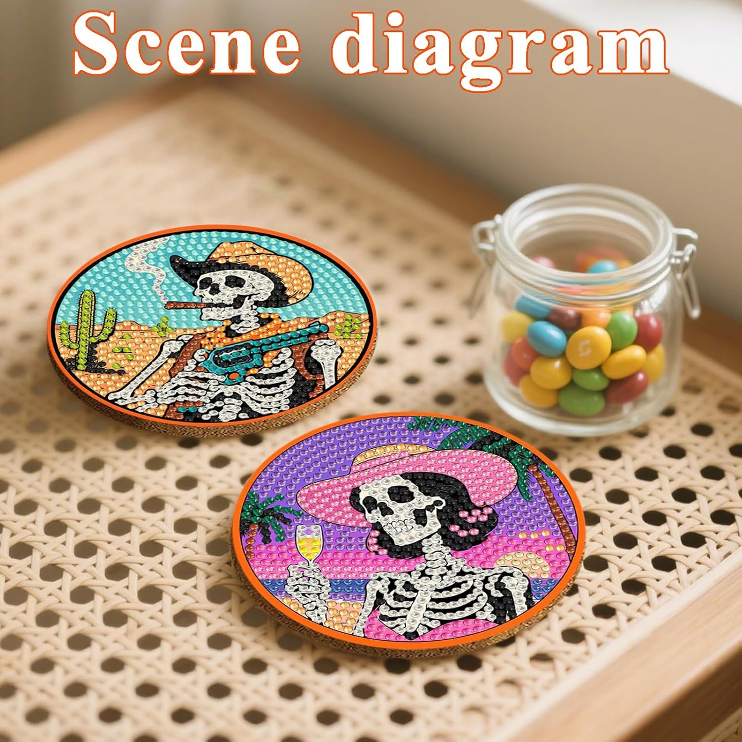 DOTSOPS Skull Diamond Painting Coaster with Holder 5D Diamond Art Kits for Adults Round Full Drill Beginners Gem Dots Craft Arts Supplies Party Home Decor 8pcs