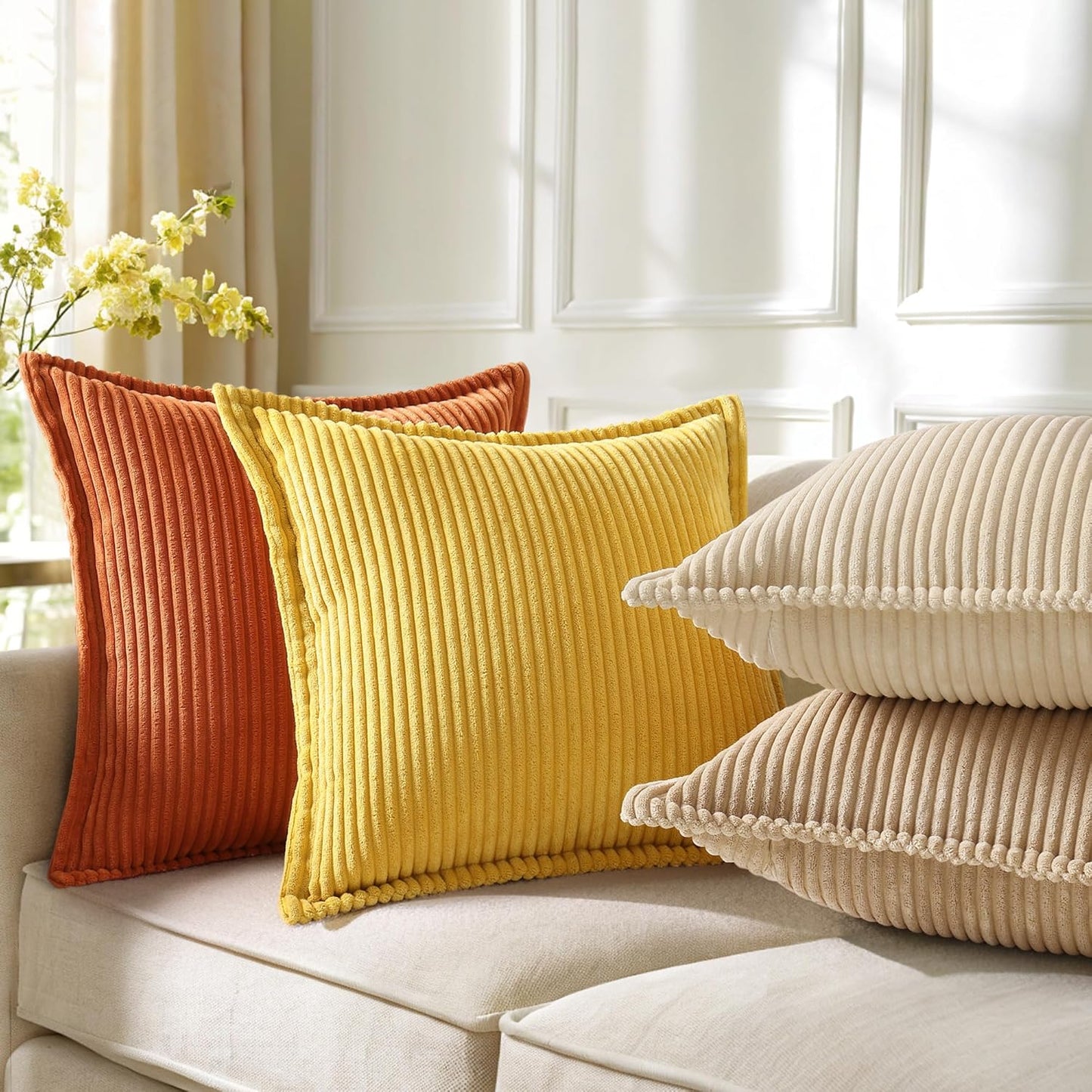 decorUhome Corduroy Light Brown Throw Pillow Covers 22x22 Set of 2 Decorative Soft Boho Farmhouse Euro Couch Pillow Covers for Living Room Bed Sofa Broadside Striped Pillow Cases