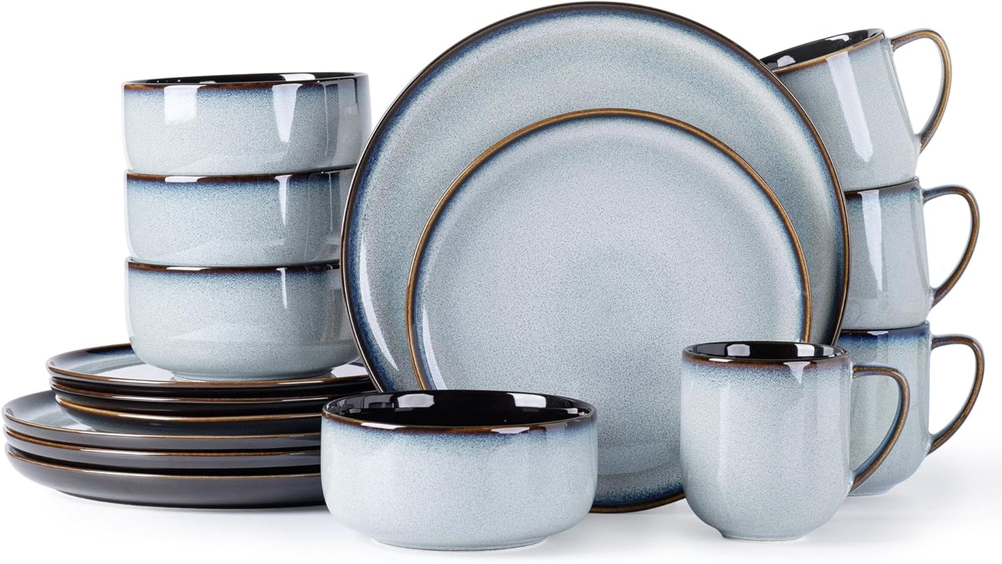 LERATIO Ceramic Dinnerware Sets for 4,16-PieceReactive Glaze Plates and Bowls Set with Mugs,Highly Chip and Crack Resistant | Dishwasher,Microwave & Oven Safe Dishes set-Gray White