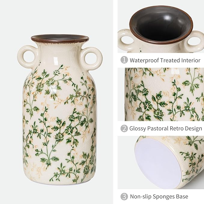 Vintage Pastoral Vase with Handles, Green and Beige Retro Ceramic Flower Vase, Rustic Farmhouse Vases Chinoiserie Floral Large Vase for Home Decor, Living Room, Kitchen, Bedroom and Shelf 9.1 Inch