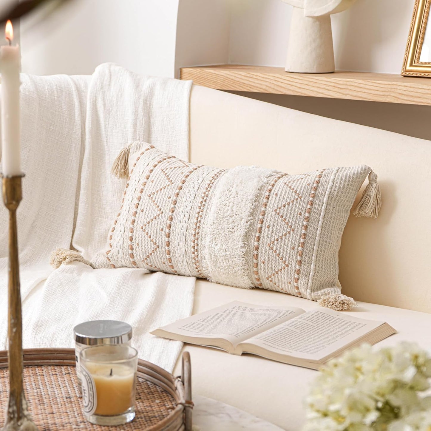 BlissBlush Decorative Lumbar Throw Pillow Cover 12x20 Cream Neutral White Rectangular Boho Accent Pillowcase Farmhouse Cushion for Couch Sofa Bedroom Living Home Décor (Cover ONLY, Pack of 1)