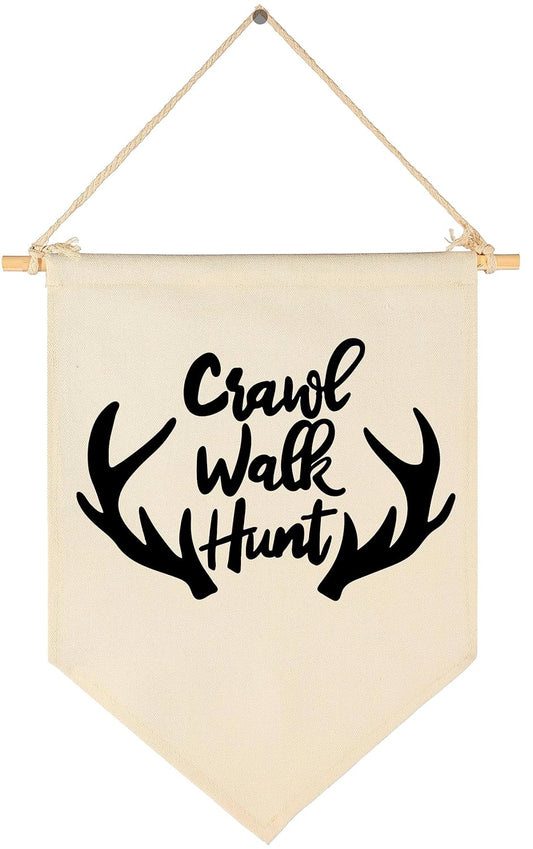 Crawl Walk Hunt,Woodland Deer-Flag Sign Gifts for Baby Newborn Boys Girls Kids-Banner Wall Decor Present for Nursery Bedroom Playroom Front Door-Baby Gift Shower-New Home Birthday Christmas Gift