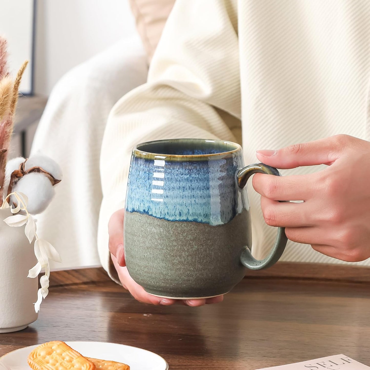 Large Coffee Mugs, Extra Large Ceramic Coffee Mug, 23 oz Handmade Pottery Mug, Big Tea Cups with Handle for Office and Home, Dishwasher and Microwave Safe (Blue Grey)