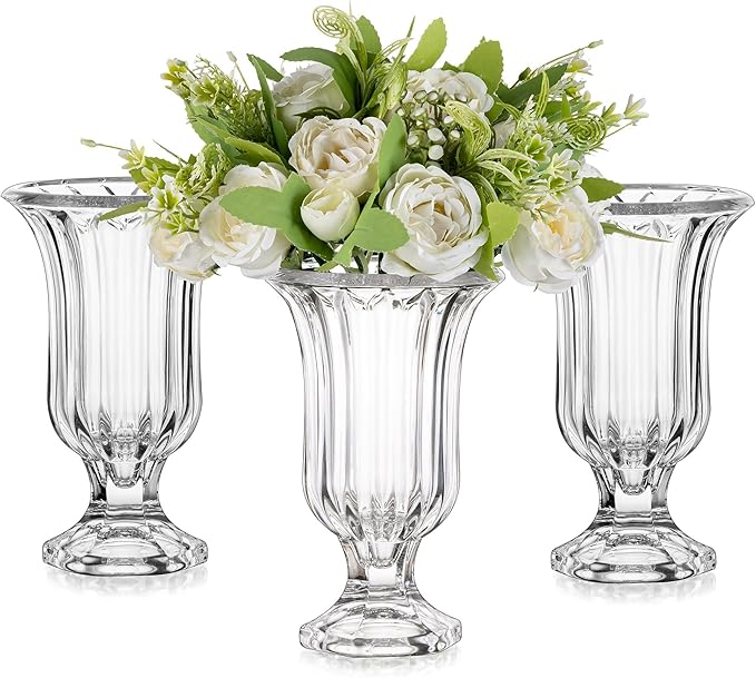 Glasseam Pedestal Glass Vase for Flowers, 7.5in Tall Compote Vase Set of 3, Crystal Clear Vases for Centerpieces, Ribbed Decorative Vases for Home Decor, Cute Footed Urn for Living Room Decorations