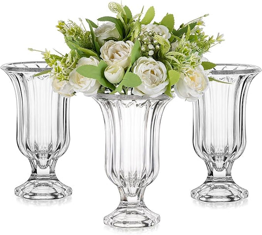 Glasseam Pedestal Glass Vase for Flowers, 7.5in Tall Compote Vase Set of 3, Crystal Clear Vases for Centerpieces, Ribbed Decorative Vases for Home Decor, Cute Footed Urn for Living Room Decorations