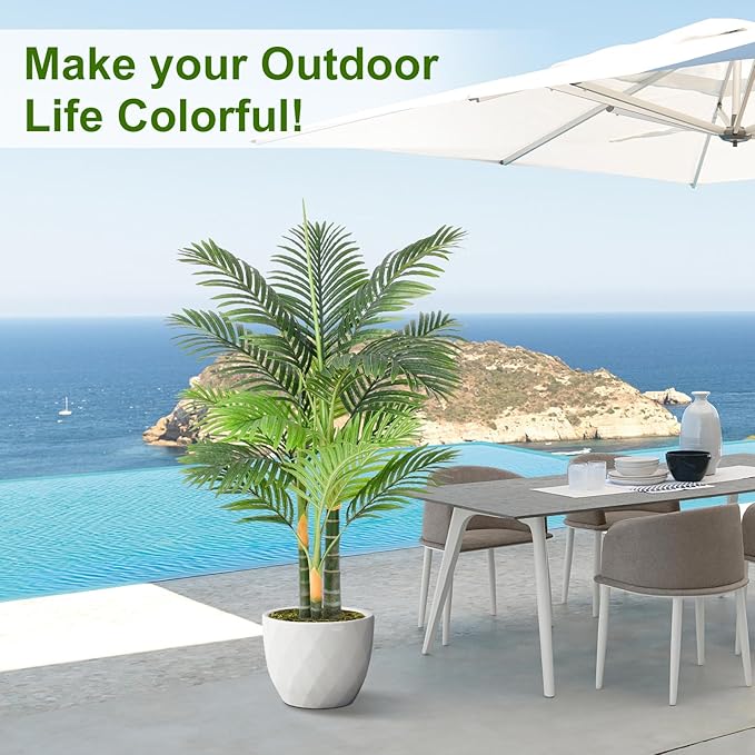 4ft Tall Triple Golden Cane Palm Artificial Tree Large Tropical Palm Tree UV Resistant Fake Plant in Pot for Indoor Outdoor Big House Living Room Outside Patio Office Home Decor 1Pack