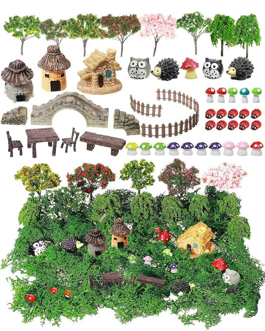 58 Pcs Mini Garden Accessories Set Fairy Village Miniature Fairy House Starter Kit Mini Terrarium Figurines Micro Landscape Mixed Model Tree Diorama Supplies for DIY Succulent Dollhouse Craft
