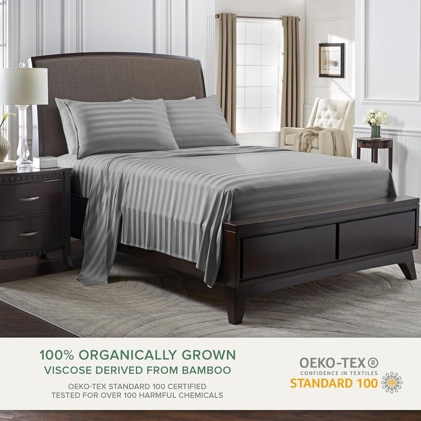 King Sheets by Pure Bamboo, Genuine 100% Organic Viscose Derived from Bamboo Bed Sheet Set, Luxuriously Soft & Cooling, Double Stitching, Lifetime Quality Promise (King, Jacquard Stone)