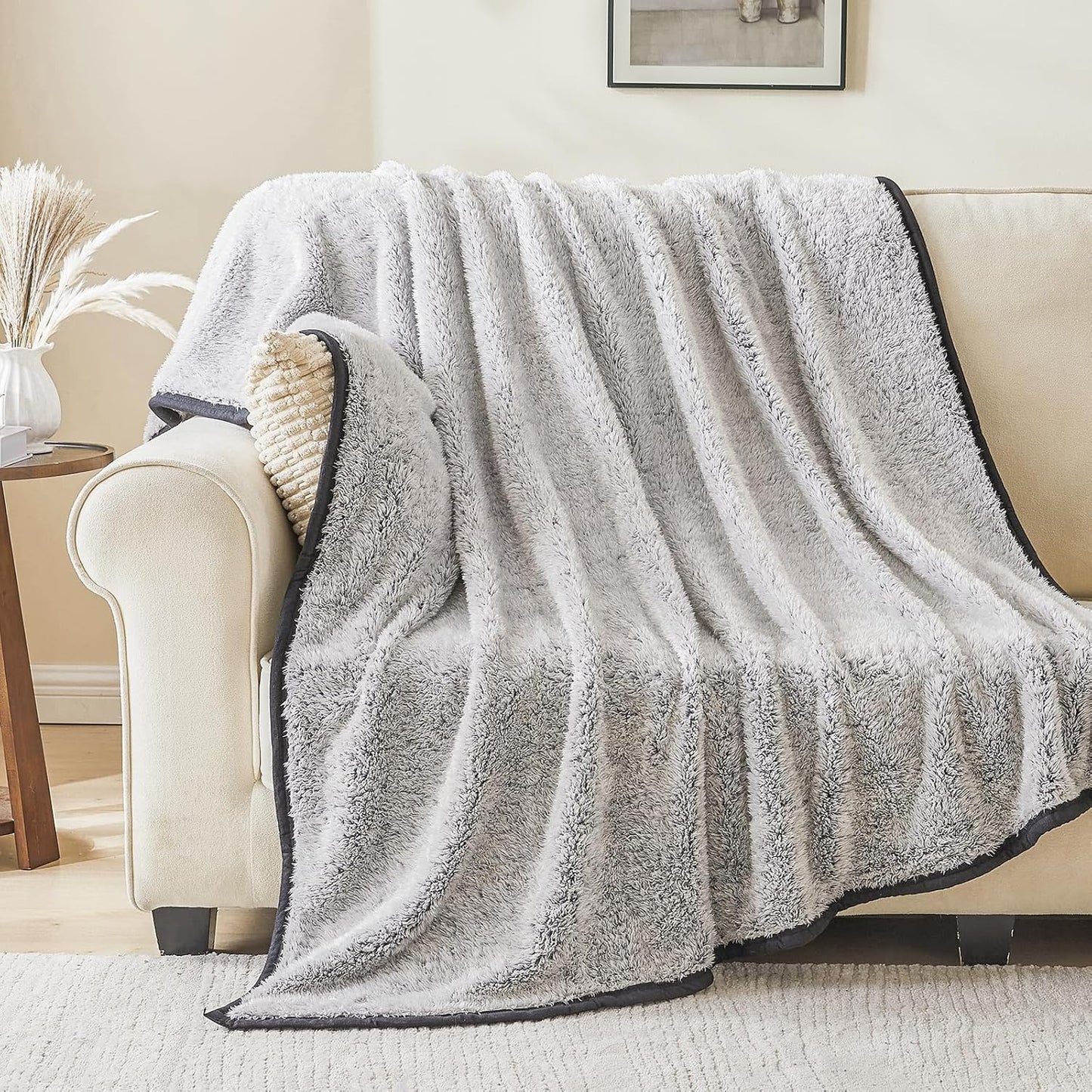 EMME Soft Sherpa Fleece Blanket Reversible Plush Fluffy Large Blanket, Light Weight Warm Decorative Boho Blanket Cover for Sofa, Couch, Bedroom,Travel(Black,90"x90")