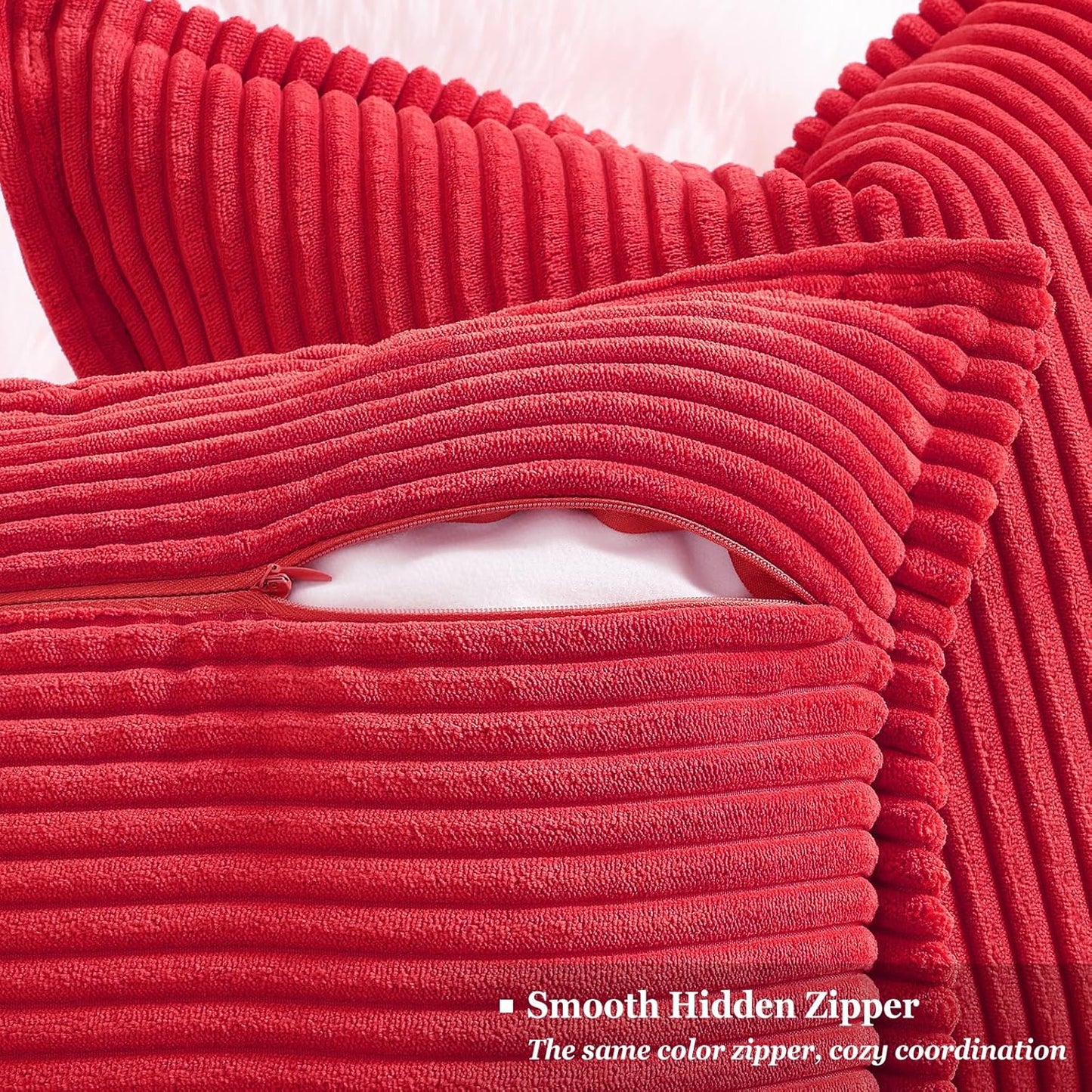 decorUhome Christmas Corduroy Red Throw Pillow Covers 22x22 Set of 2 Decorative Soft Boho Farmhouse Euro Couch Pillow Covers for Living Room Bed Sofa Broadside Striped Pillow Cases