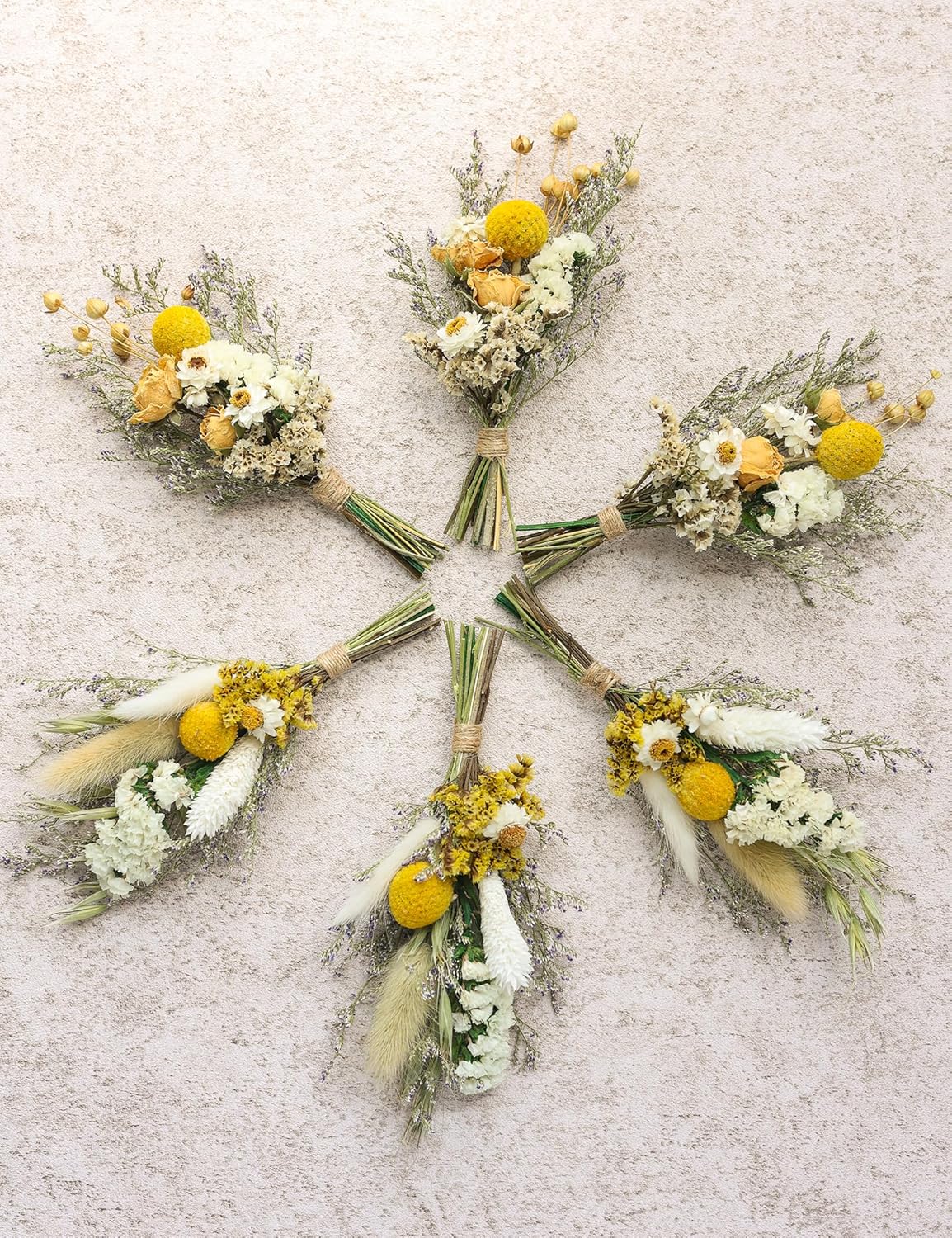 Mini Dried Flower Bouquets (Pack of 6), Dried Flower Bouquets for Card and Wedding Favour Box fillers, boutonnieres for Groomsmen and Groomsmen, Dried Cake Flowers(Yellow)