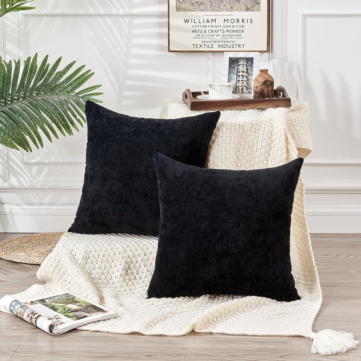 GAWAMAY Decorative Chenille Throw Pillow Covers 26x26 Inch Pack of 2, Soft Square Couch Pillow Cover for Sofa Cushion Living Room Bedroom Solid Dyed Oversized Pillowcases Black 66x66cm (ONLY Covers)