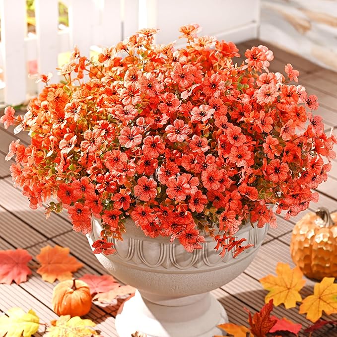 Waipfaru Fall Decor, Fake Mums, Flowers, UV Resistant Artificial Mums for Outdoors, 24 Bundles, Fall Flower Plants Artificial for Decoration Home Porch Thanksgiving,Light Red