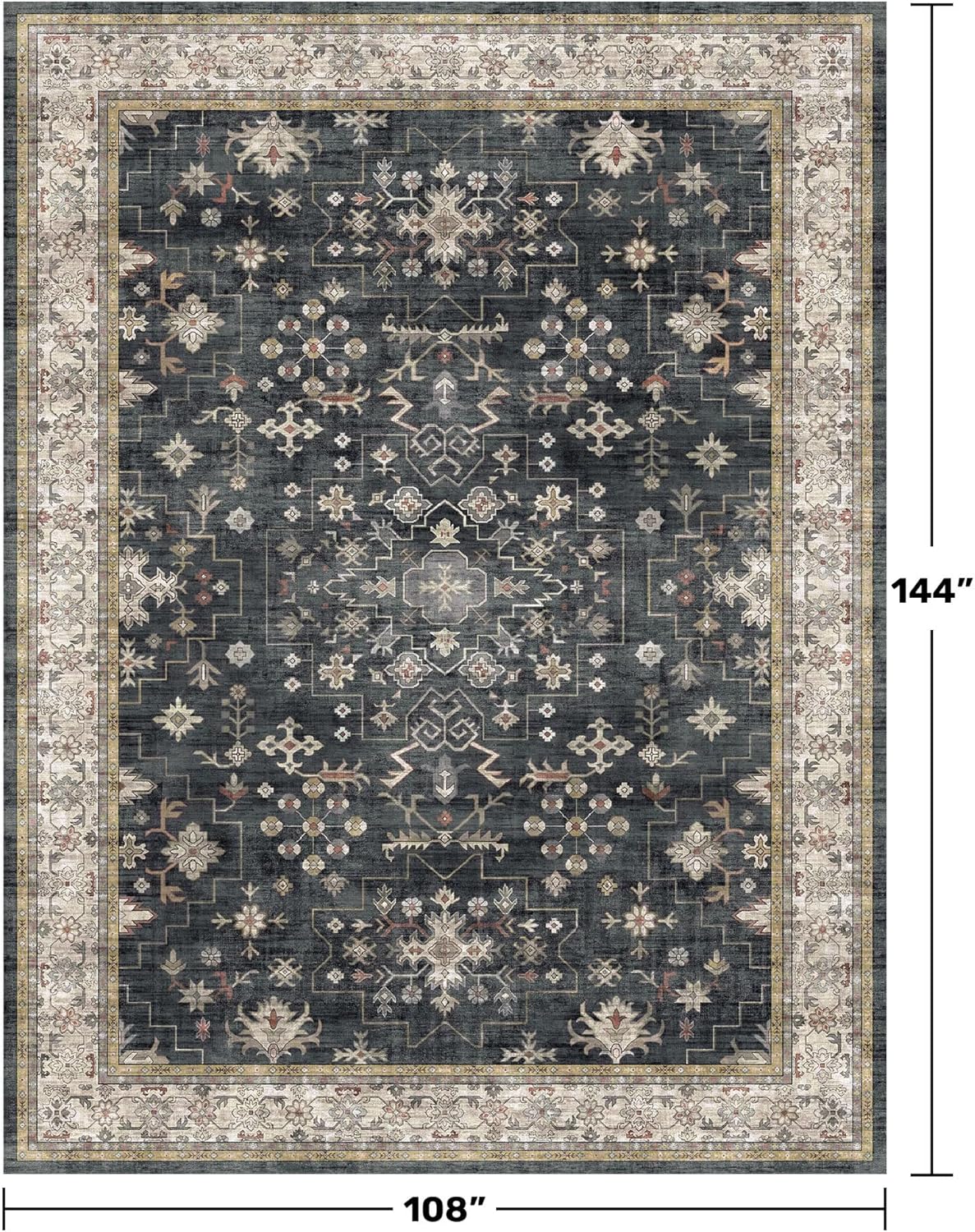 Black Boho Rug for Living Room 9x12 - Washable Dining Room Rugs for Under Table, Vintage Soft Low Pile Carpet for Bedroom, Non-Slip Farmhouse Bohemian Large Tumble Rug for High Traffic Area