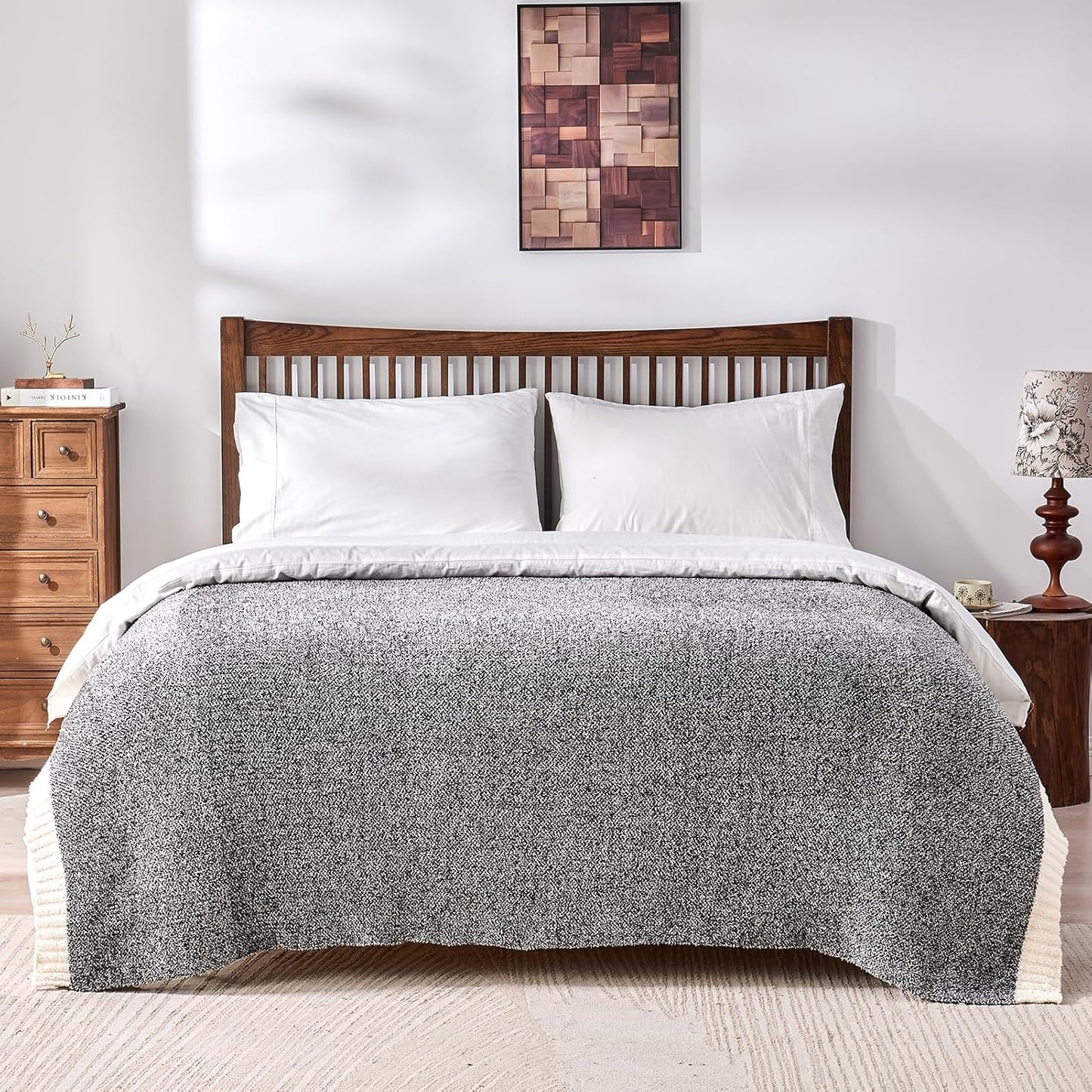 CozeCube Super Soft Fullfy Microfiber Reversible Knitted Blankets, Warm Cozy Fuzzy Plush Throw, Black and White Melange Throw Blanket for Couch Bed Sofa, 50" x 60"