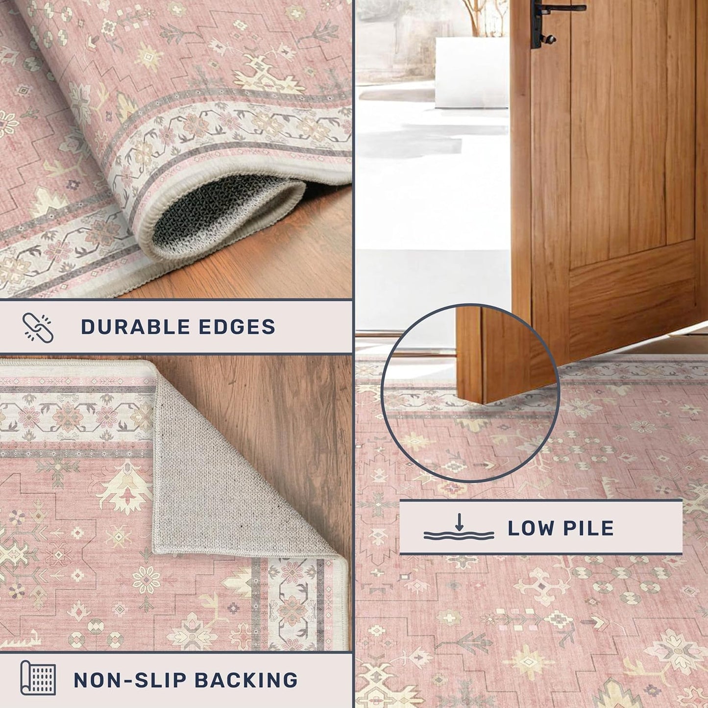 Blush Pink Girls Rugs for Bedroom - Nursery Floral Area Rug 5x7, Machine Washable Non Slip Kids Playroom Play Mat, Vintage Thin Low Pile Carpet for Living Room, Dorm