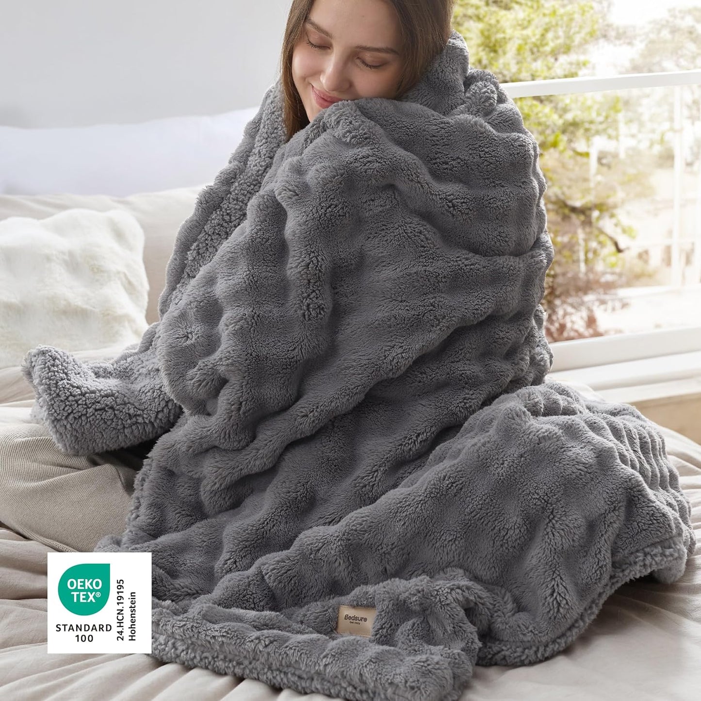 Bedsure Bubble Sherpa Throw Blanket for Couch - Fuzzy Fleece Thick Warm Blanket for Winter, GentleSoft Cozy Plush Throw Gift for Women, Room Decor, Grey, 50x60 Inches