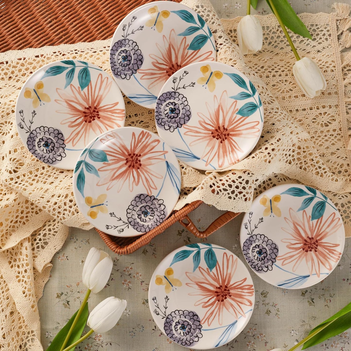 Bico Blossom Symphony Appetizer Plates Set of 6, 6 Inch Small Ceramic Dessert Plates for Snacks, Salad, Tablescape, Microwave and Dishwasher Safe, Gift for Housewarming and Thanksgiving