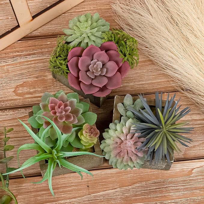 Mingfuxin Succulent Plants Artificial, Small Fake Plants in Pots, Mini Artificial Plants Indoor with Wood Potted for Bathroom Home Office Living Room Table Desk Shelf Decor, Set of 3