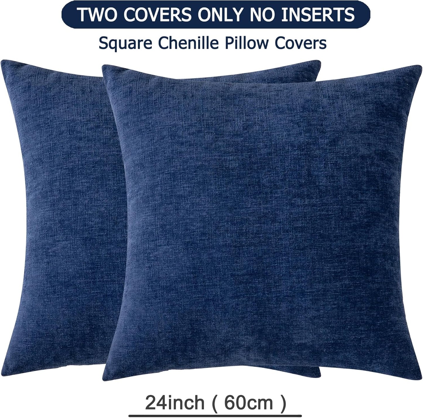 GAWAMAY Decorative Chenille Throw Pillow Covers 24x24 Inch Pack of 2, Soft Square Couch Pillow Cover for Sofa Cushion Living Room Bedroom Solid Dyed Pillowcases Navy Blue 60x60cm (ONLY Covers)