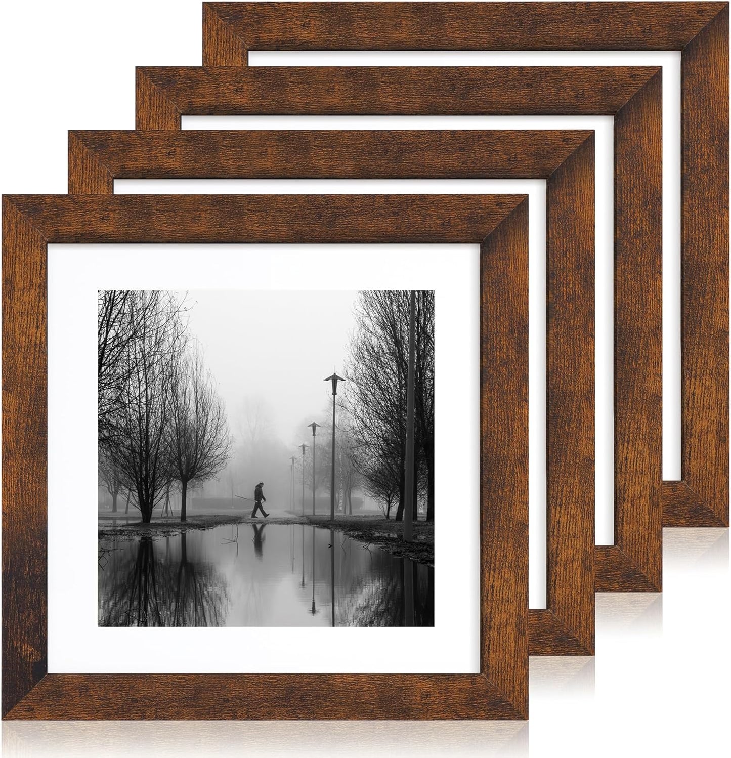 iRahmen 10x10 Picture Frame Set of 4 with Real Glass, Rustic Frames Display 8x8 Picture with Mat or 10 x 10 Without Mat, Wooden Square Photo Frame for Wall Mount and Tabletop Display