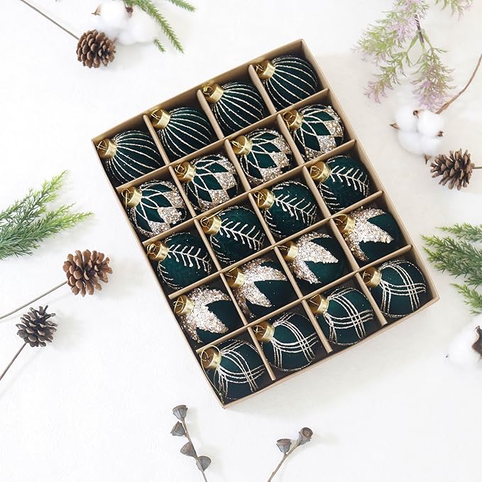 20PCS Velvet Ornaments for Christmas Tree, 2.36INCH Glitter Flocked Christmas Ornaments Decorations Balls Set Decor