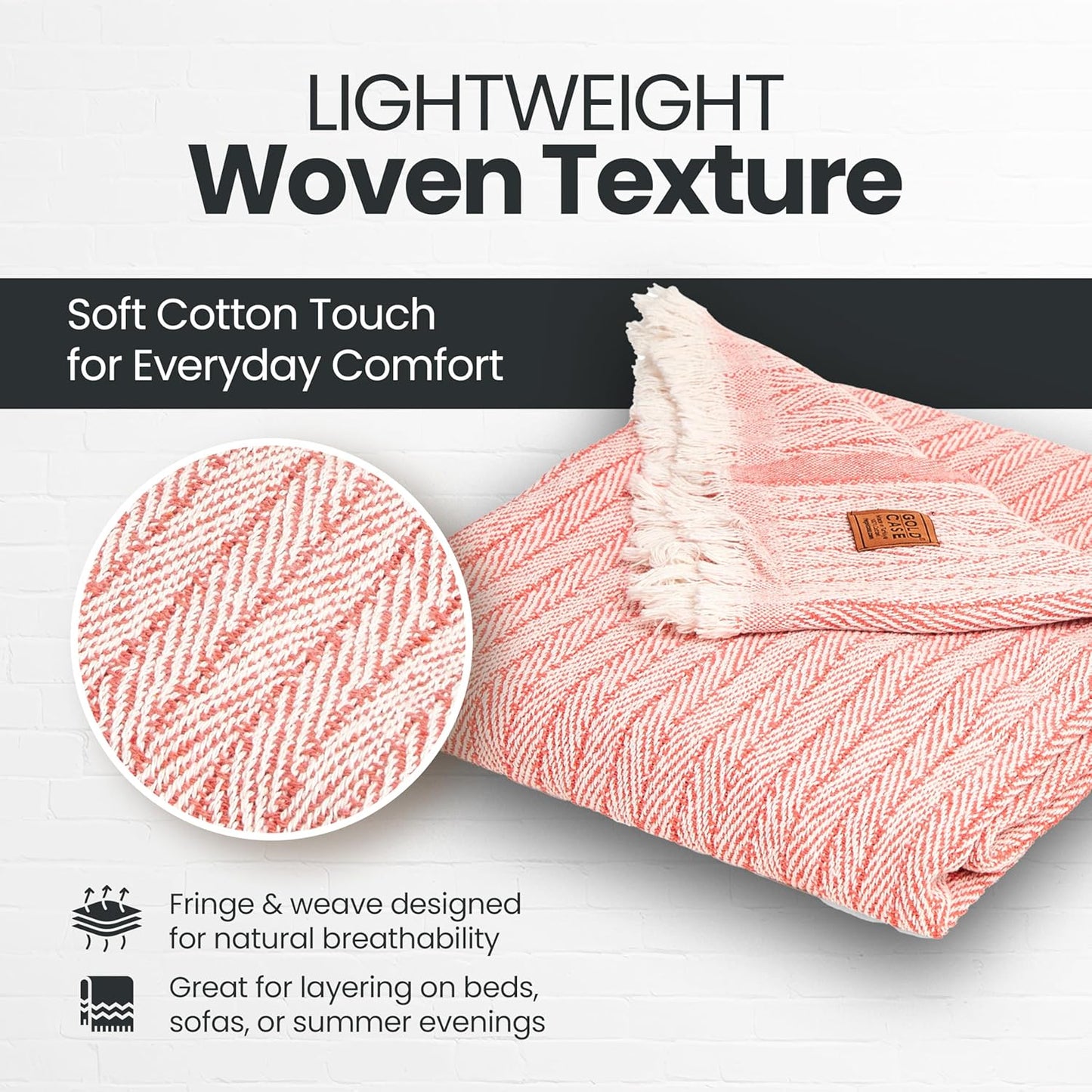 Gold Case Throw Blanket for Couch - 100% Recycled Turkish Cotton Blankets & Throws - Vintage Soft Throw Blankets for Living Room - Boho Decorative Woven Couch Blanket - 50x60 - Orange