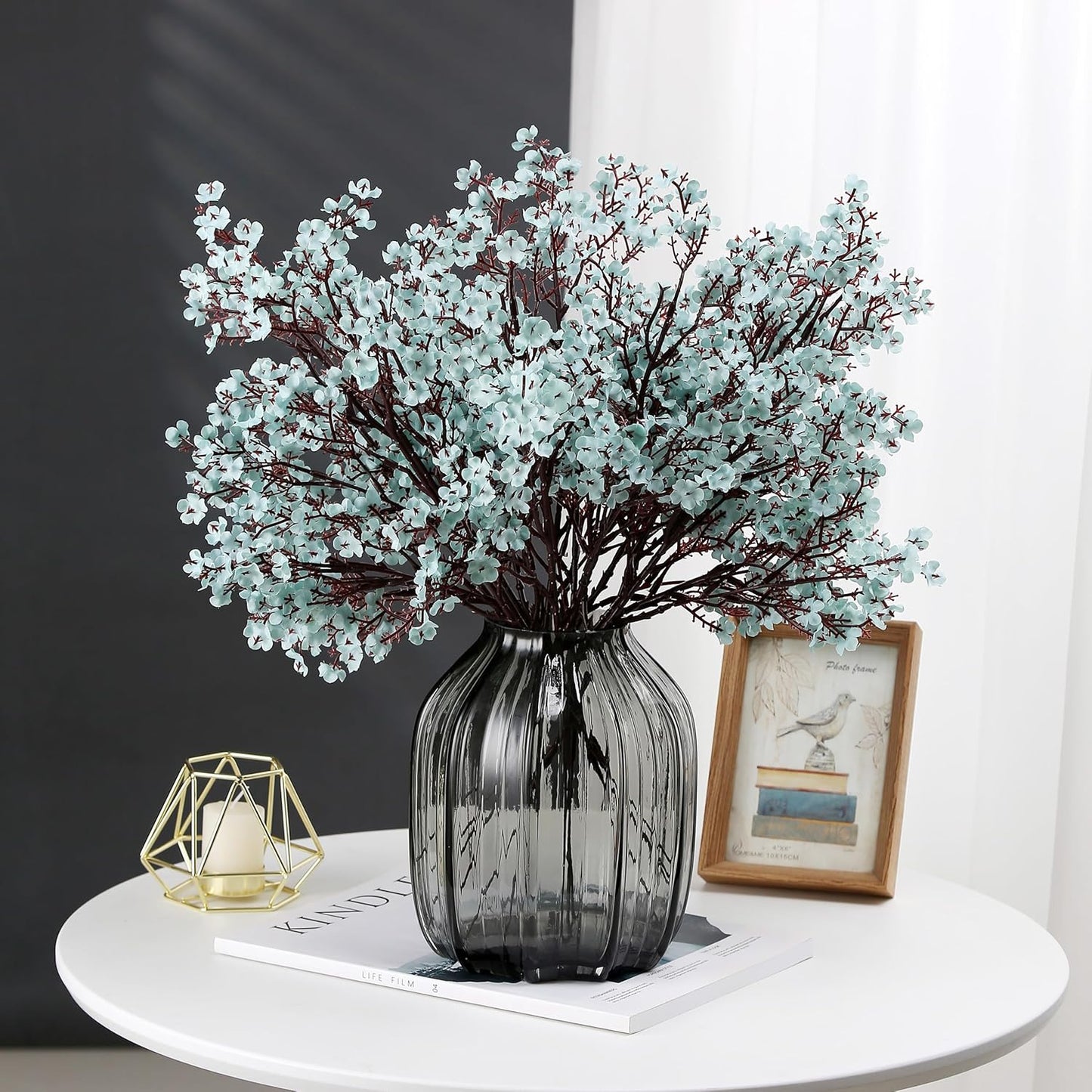 JAKY-Global Babys Breath Fabric Cloth Artificial Flowers 12 Bundle European Fake Silk Plants Decor Wedding Party Decoration Bouquets Real Touch DIY Home Garden (Grey Blue-12pcs)
