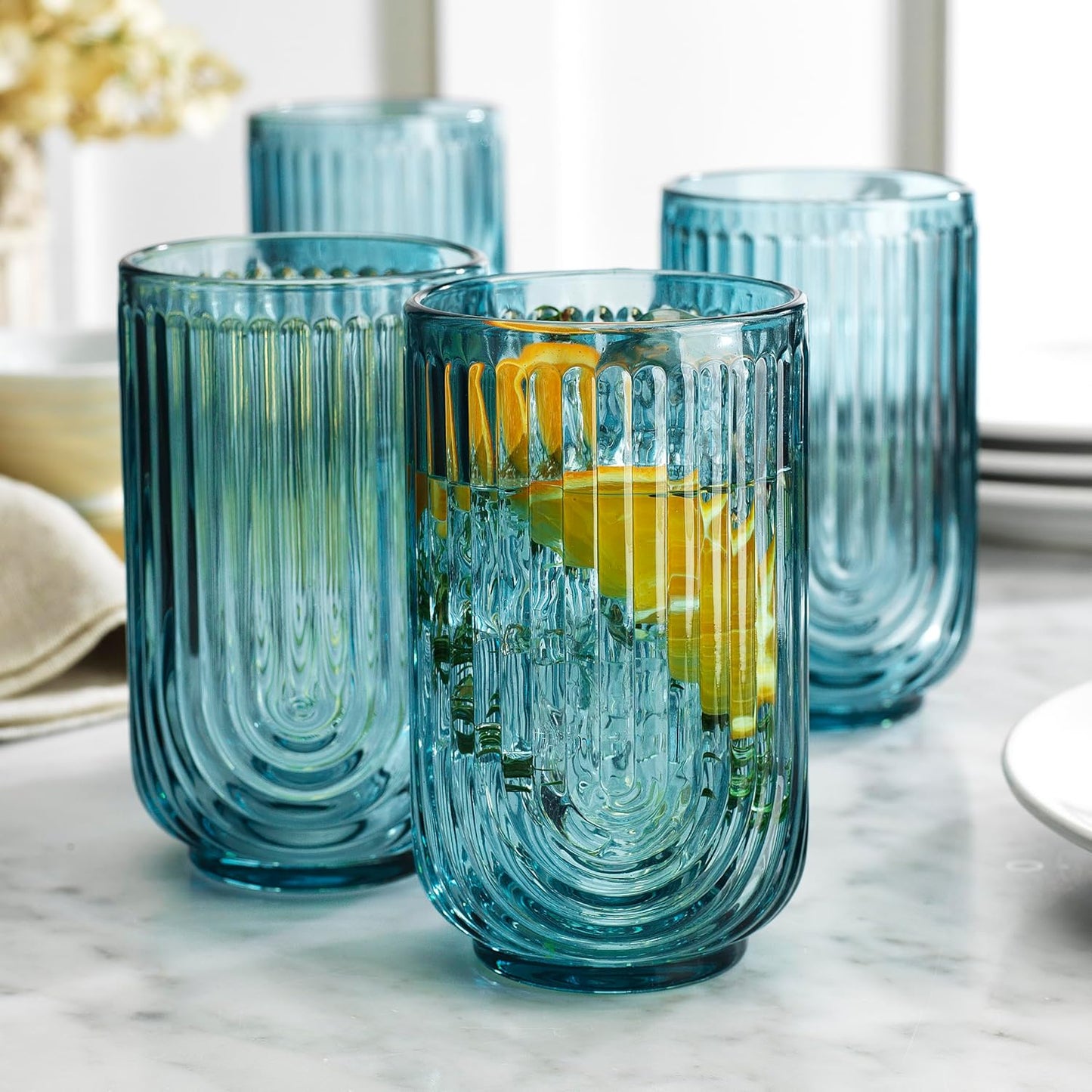 Glaver's Vintage Glassware Art Deco Glasse Ribbed Drinking Glasses U-Shape Arch Design Colored Cocktail Kitchen Tumblers Everyday Dinner Decorative Party, Blue (Blue S/4 17oz)