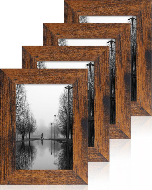 iRahmen 4x6 Picture Frame Set of 4, High Definition Glass 4 x 6 Frame, Wood Rustic Photo Frames for Horizontal or Vertical Display Tabletop and Wall Mounting